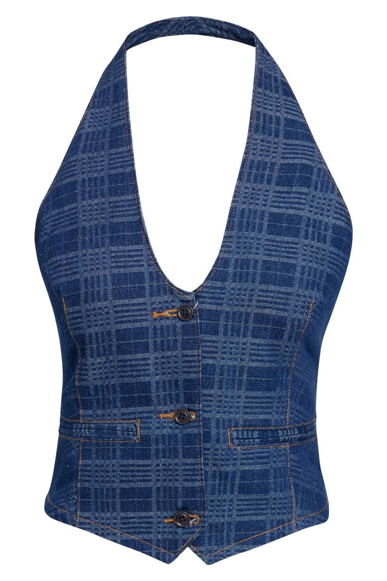 Renewal Crop Denim Halter Top, Alternate, color, INDIGO PLAID