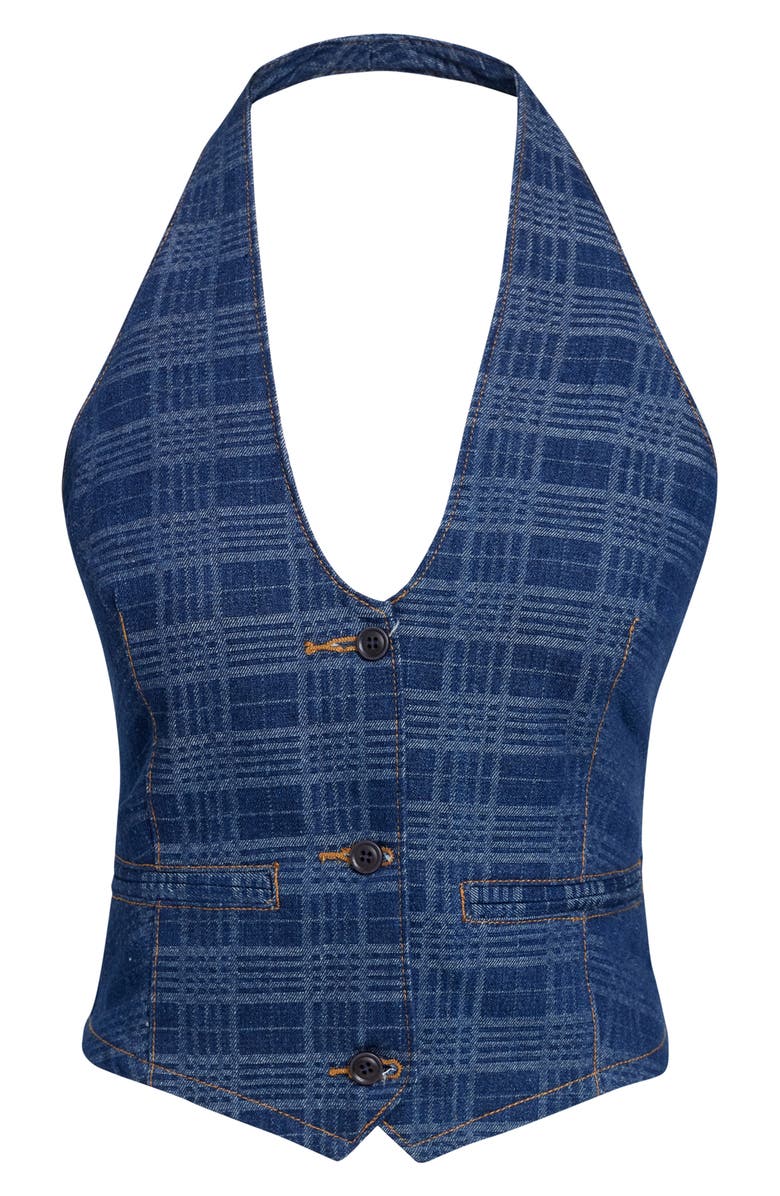 LIONESS Renewal Crop Denim Halter Top, Alternate, color, Indigo Plaid