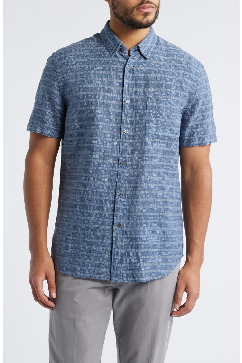Carson Stripe Short Sleeve Stretch Linen Blend Button-Up Shirt, Main, color, HOMESPUN BORDER BLUE