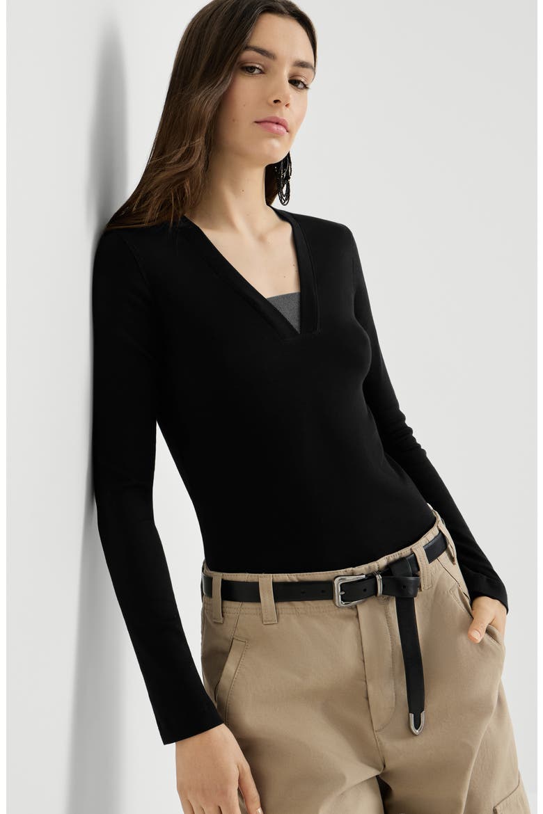 Stretch cotton ribbed jersey top with precious insert, Alternate, color, Black
