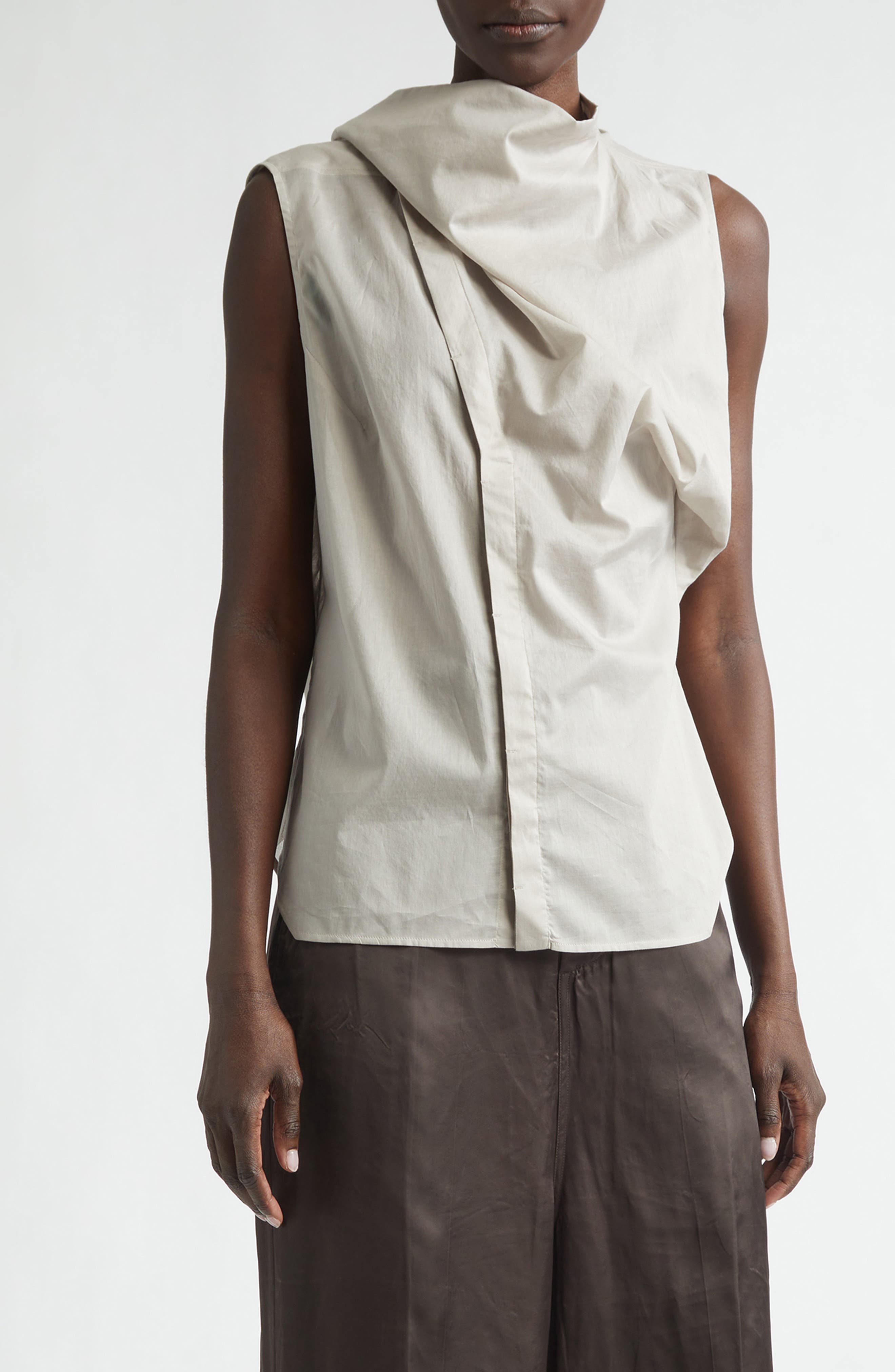 Sleeveless Semisheer Chambray Button-Up Shirt