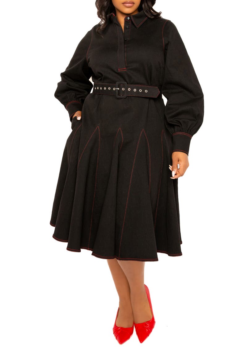 Belted Long Sleeve Denim Shirtdress, Main, color, DENIM BLACK