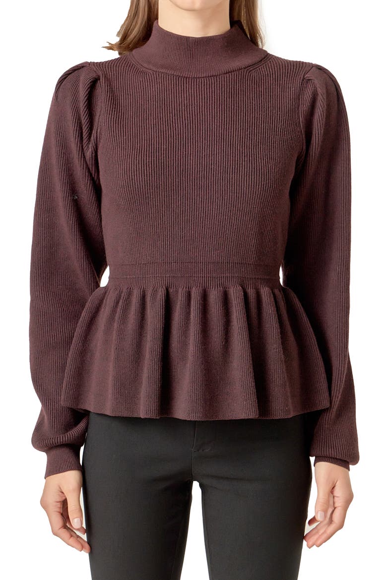 Mock Neck Peplum Rib Sweater, Main, color, CHOCOLATE BROWN