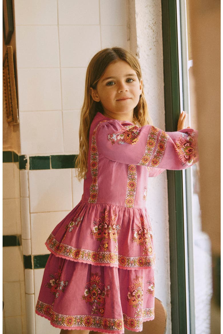Kids' Placed Floral Long Sleeve Cotton Dress, Alternate, color, PINK FLORAL PLACEMENT