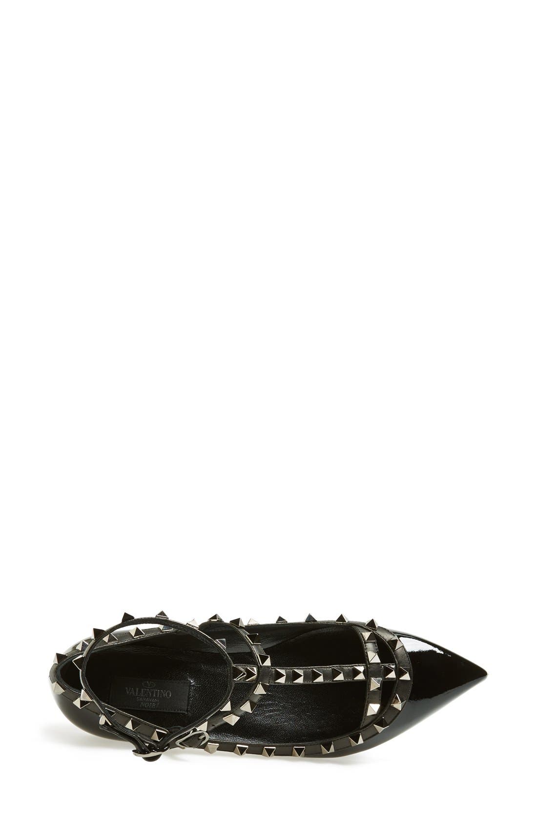 'Noir Rockstud' Double Ankle Strap Patent Leather Pointy Toe Flat, Alternate, color, BLACK