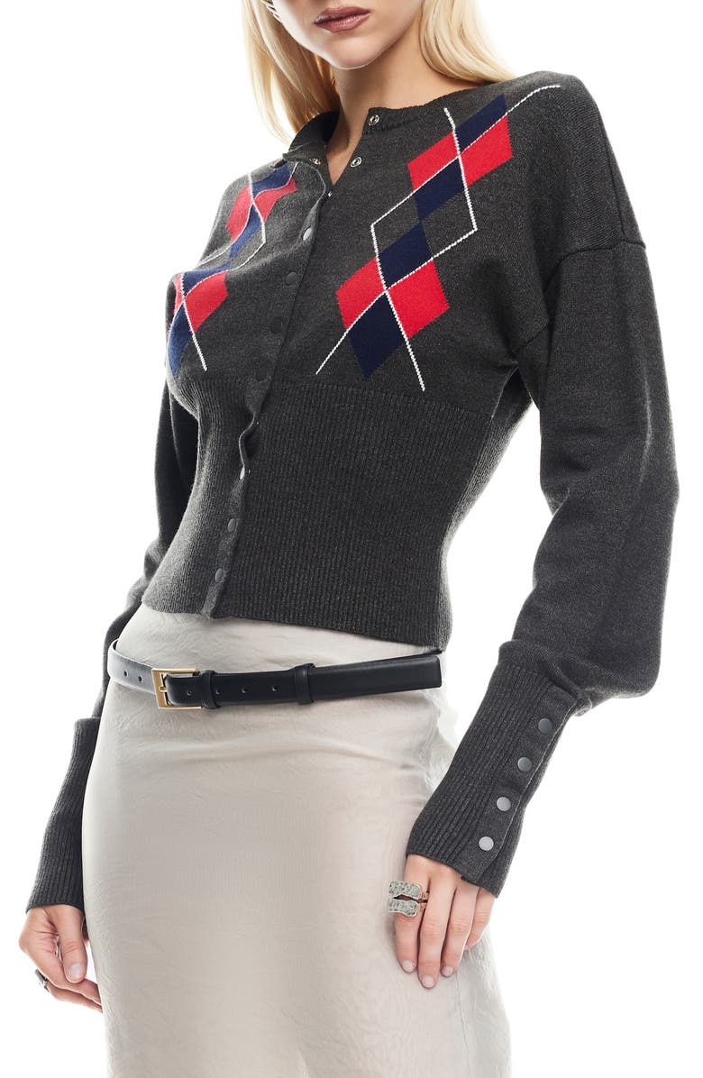 LIONESS Head in the Clouds Argyle Cardigan, Alternate, color, Grey Argyle