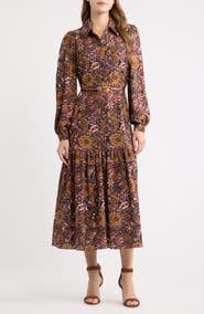 Eliza J Print Belted Long Sleeve Maxi Shirtdress