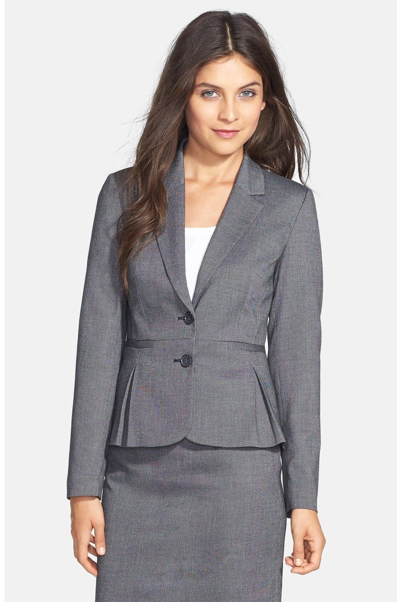 Pleat Peplum Suit Jacket, Alternate, color, BLACK BIRDSEYE PATTERN
