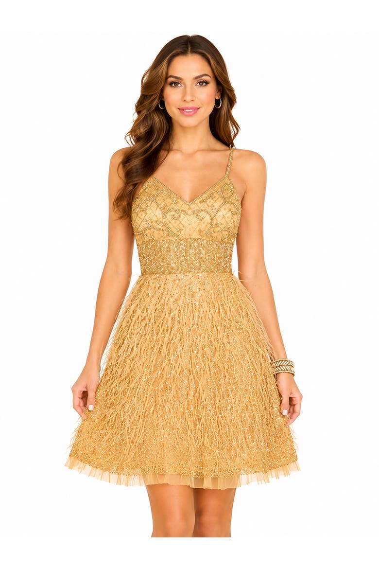 Beaded Faux-Wrap V-Neck Bridal Gown, Main, color, Gold