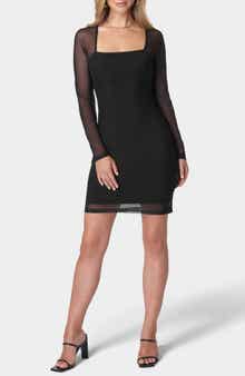bebe Square Neck Mesh Long Sleeve Dress
