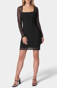 bebe Square Neck Mesh Long Sleeve Dress