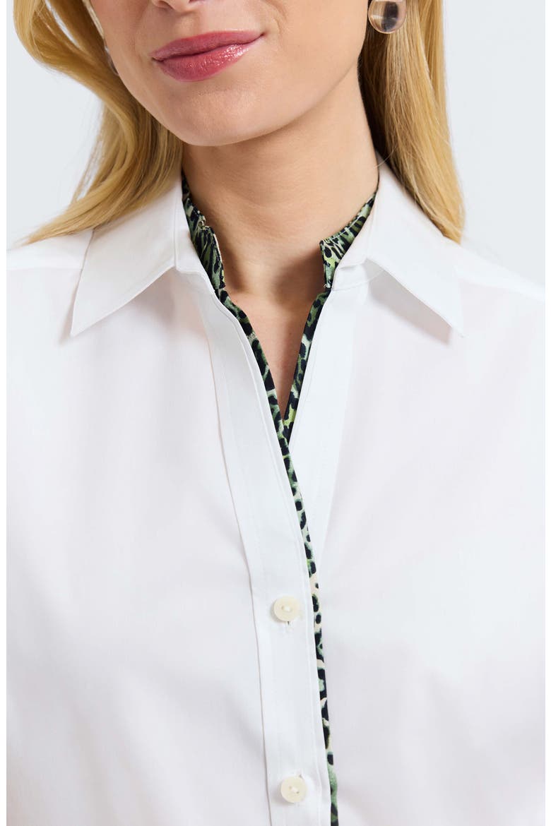 Marlee Leopard Trim Cotton Blend Button-Up Shirt, Alternate, color, WHITE