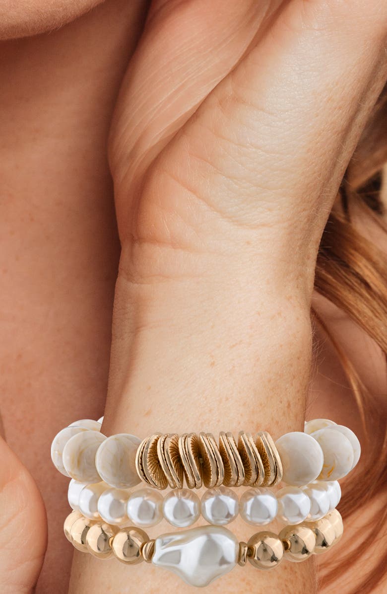 JARDIN Set of 3 Beaded Stretch Bracelet, Alternate, color, Natural/ White/ Gold