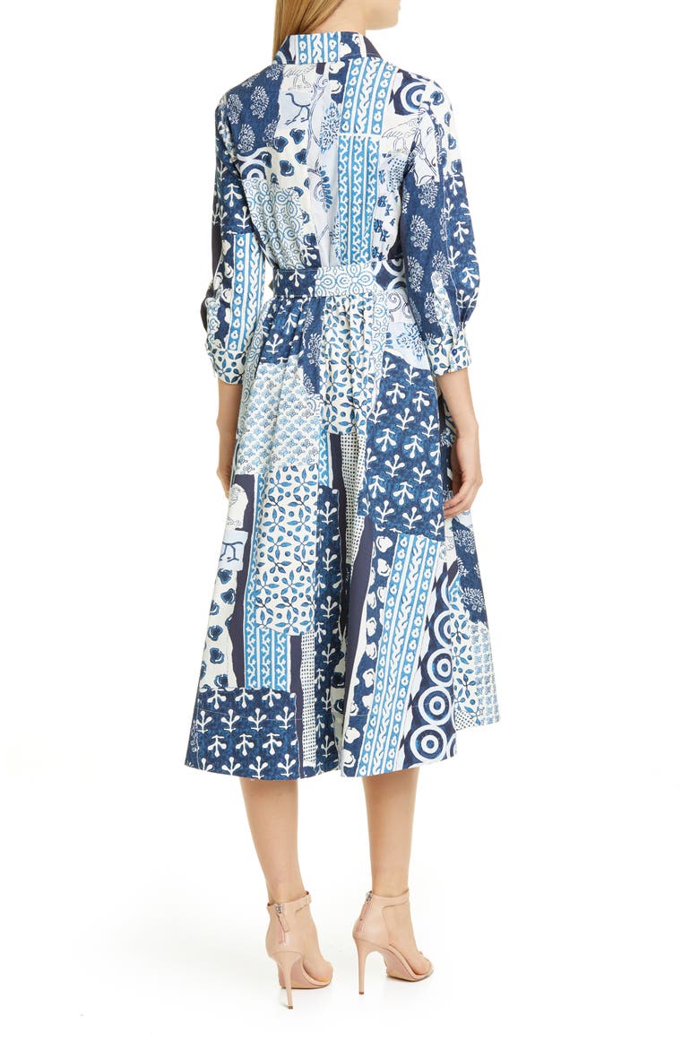 Woodblock Print Long Sleeve Poplin Midi Shirtdress, Alternate, color, INDIGO