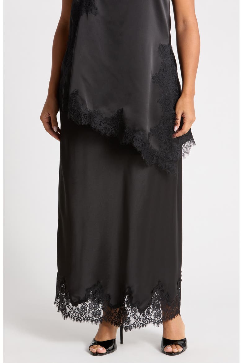Lace Hem Satin Maxi Skirt, Main, color, BLACK