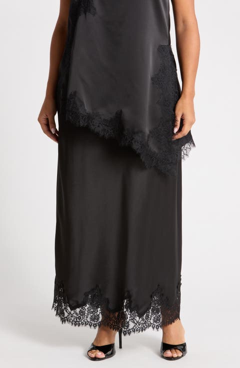 Lace Hem Satin Maxi Skirt
