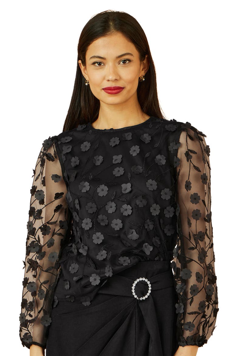 Long Sleeve Sheer Floral Top, Alternate, color, Black