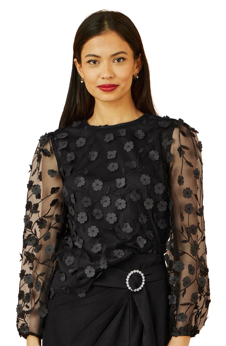 Yumi Long Sleeve Sheer Floral Top, Alternate, color, Black