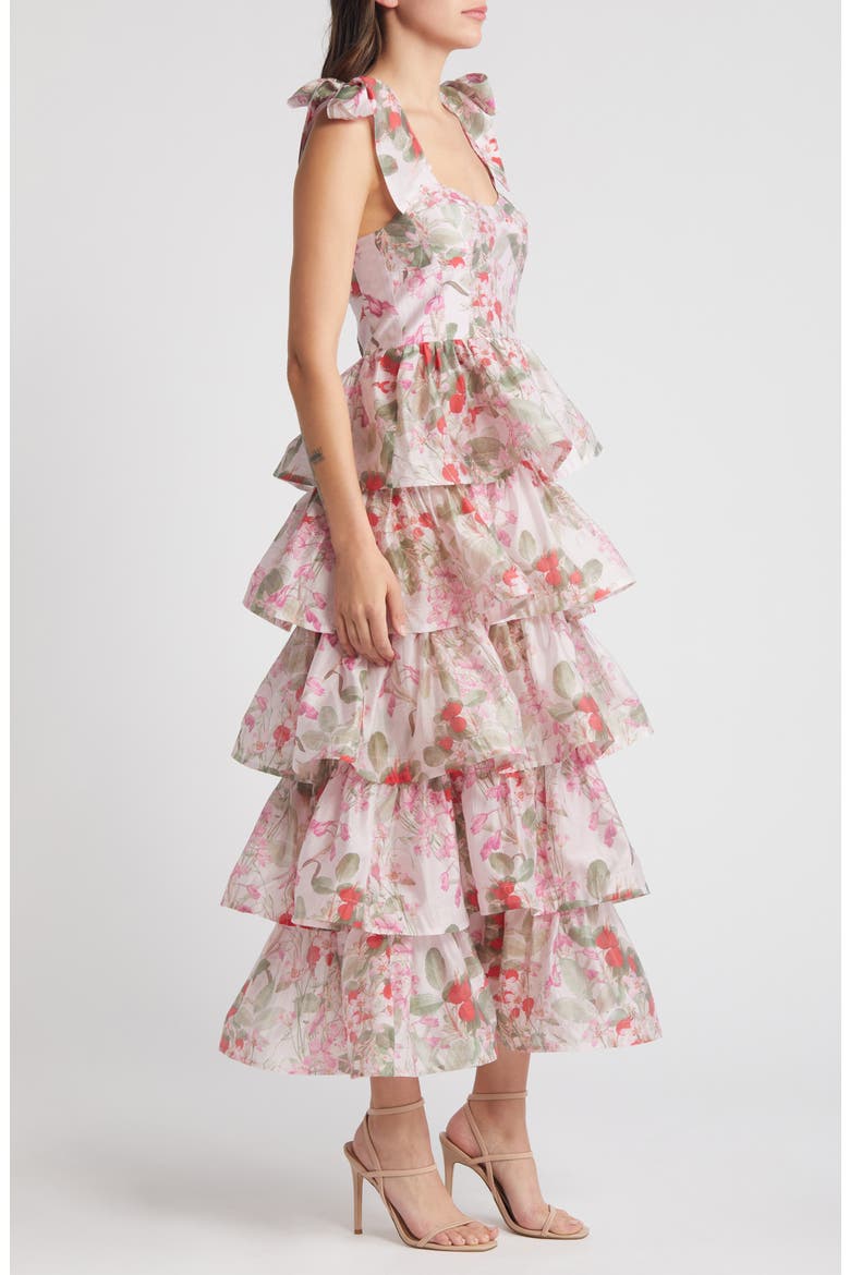 Floral Tie Strap Tiered Midi Dress, Alternate, color, PINK MEDIUM