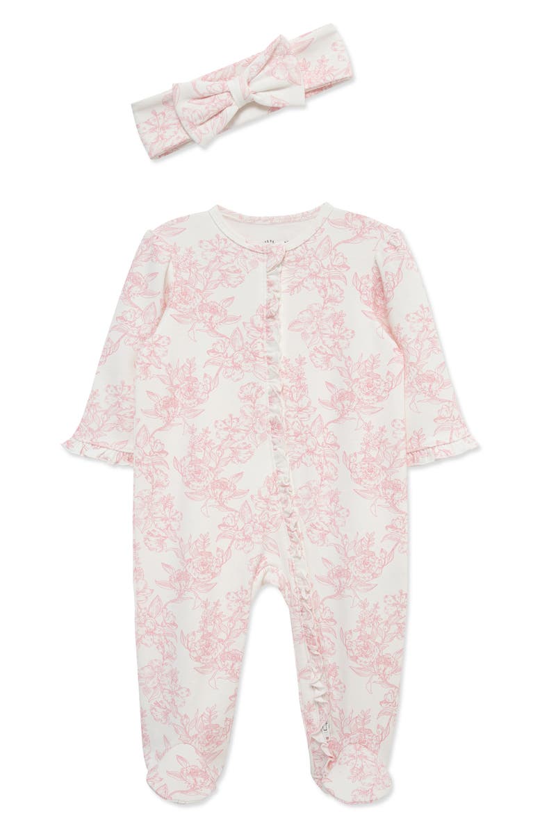 Little Me Rose Toile Cotton Footie & Headband Set, Main, color, Pink