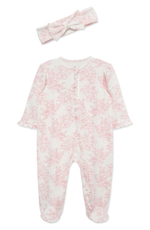 Rose Toile Cotton Footie & Headband Set (Baby) (Nordstrom Exclusive)