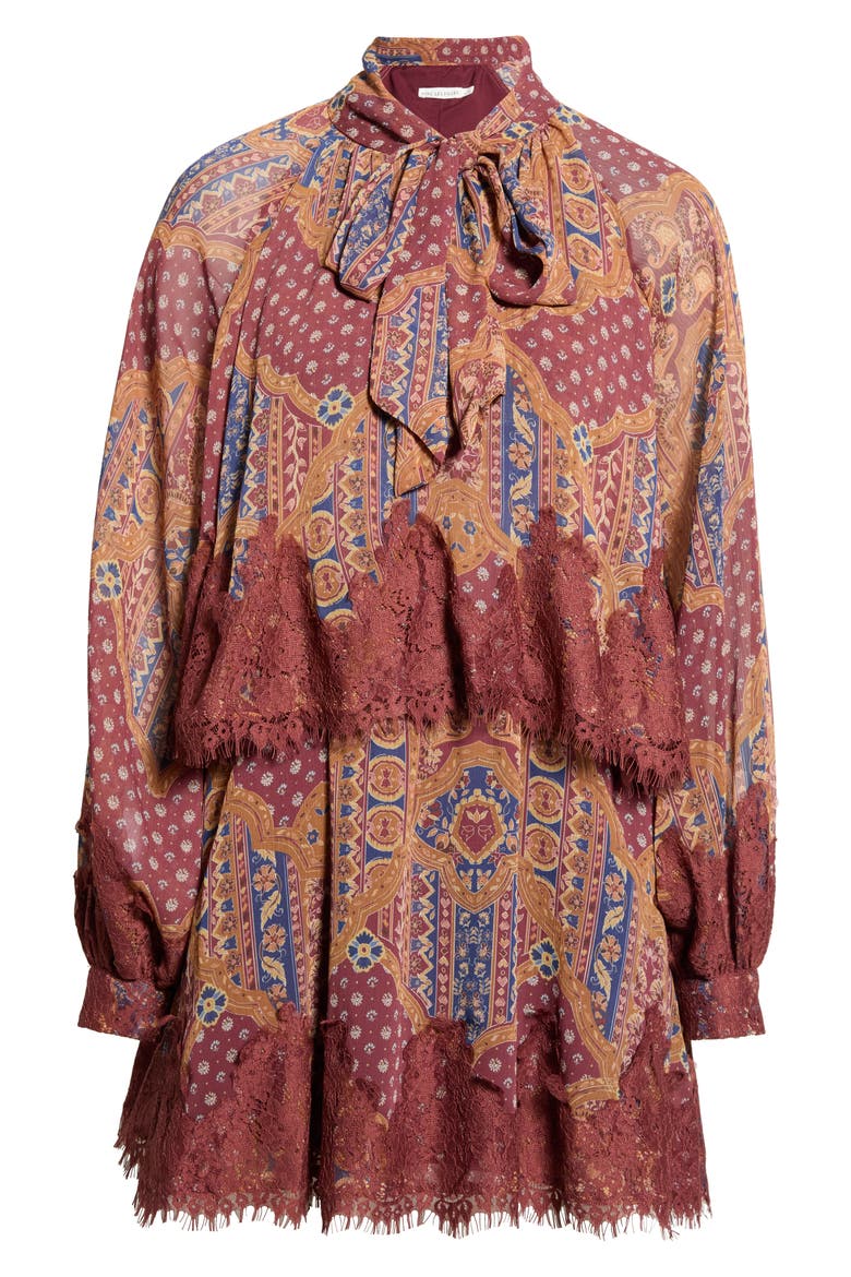 Long Sleeve Scarf Print Georgette Minidress, Alternate, color, COGNAC MEDALLION SCA
