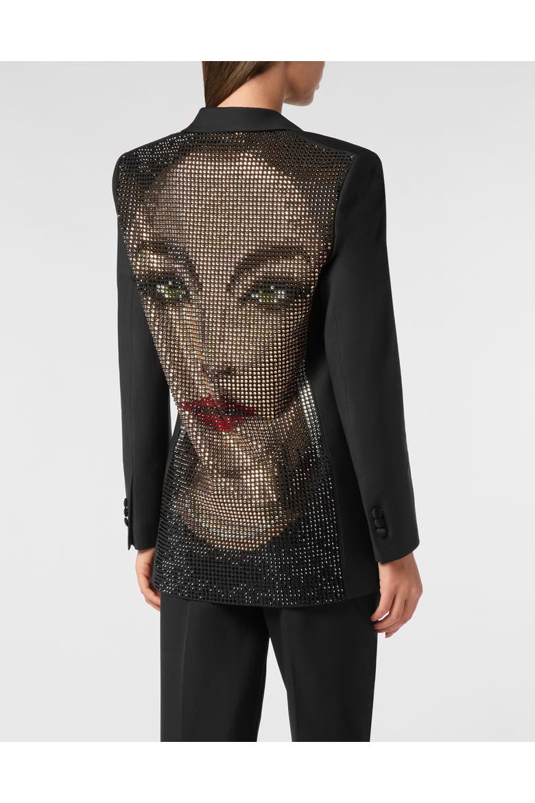 Wool Blazer Boyfriend Fit Face Strass Women, Alternate, color, black