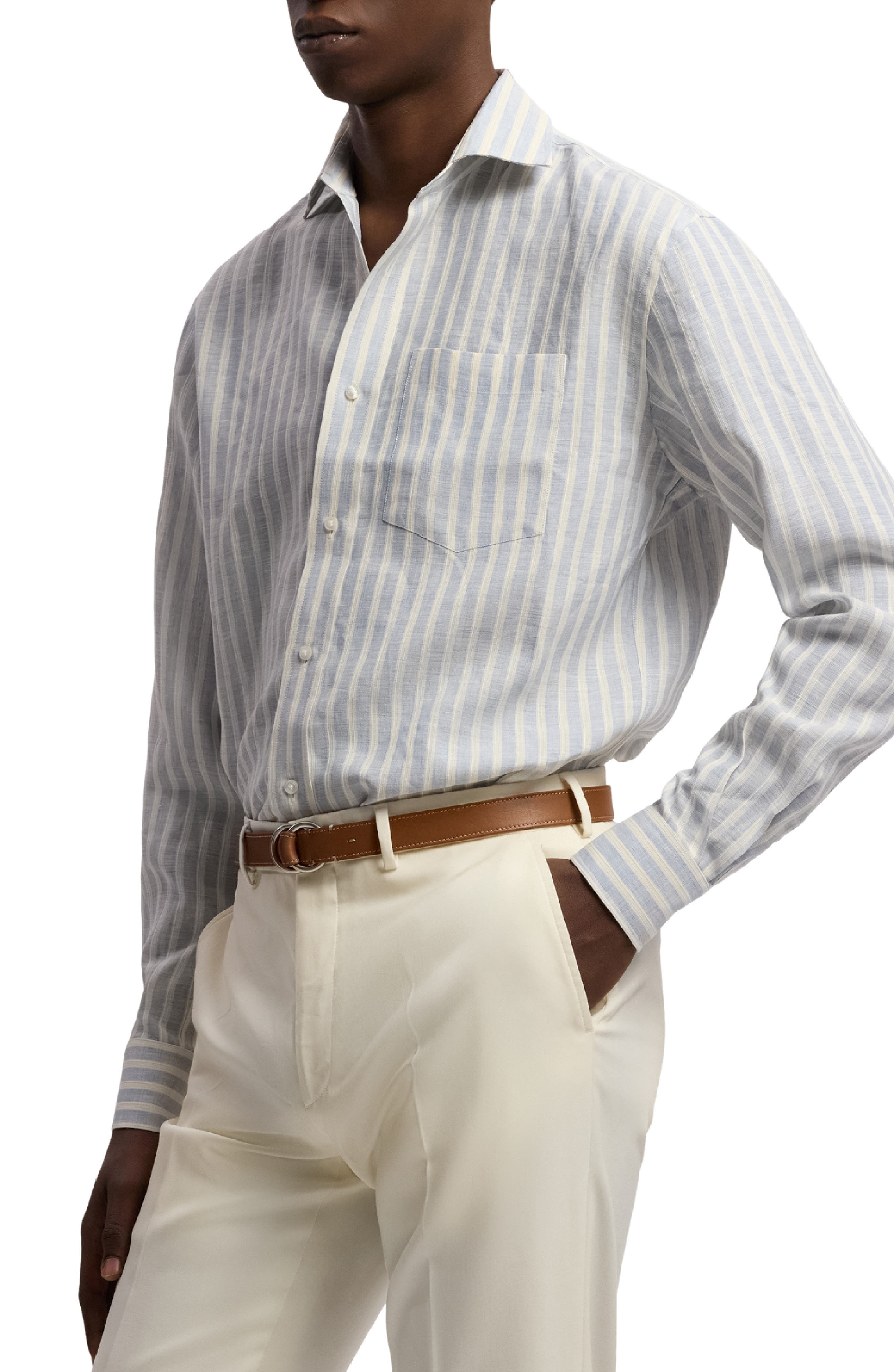 M！ Ralph Lauren Purple Label Shirt LINEN Ralph Lauren Purple Label Striped Linen-Cotton Shirt (Men) | Nordstrom