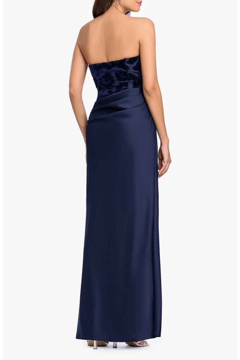 Velvet Burnout Bodice Strapless Sheath Gown, Alternate, color, NAVY