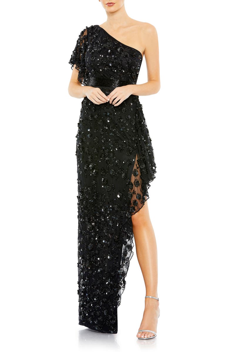 Mac Duggal Sequin One-Shoulder Slit Gown, Main, color,