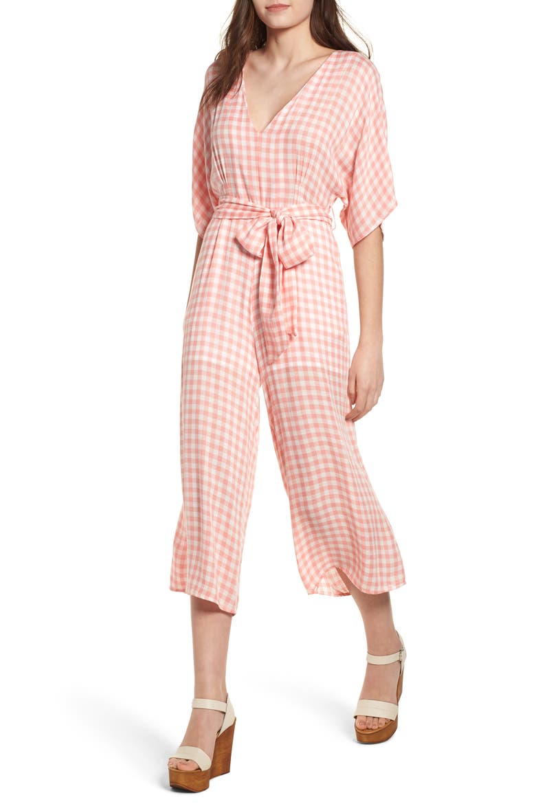 Brunch Gingham Jumpsuit, Main, color, GRAPEFRUIT PINK