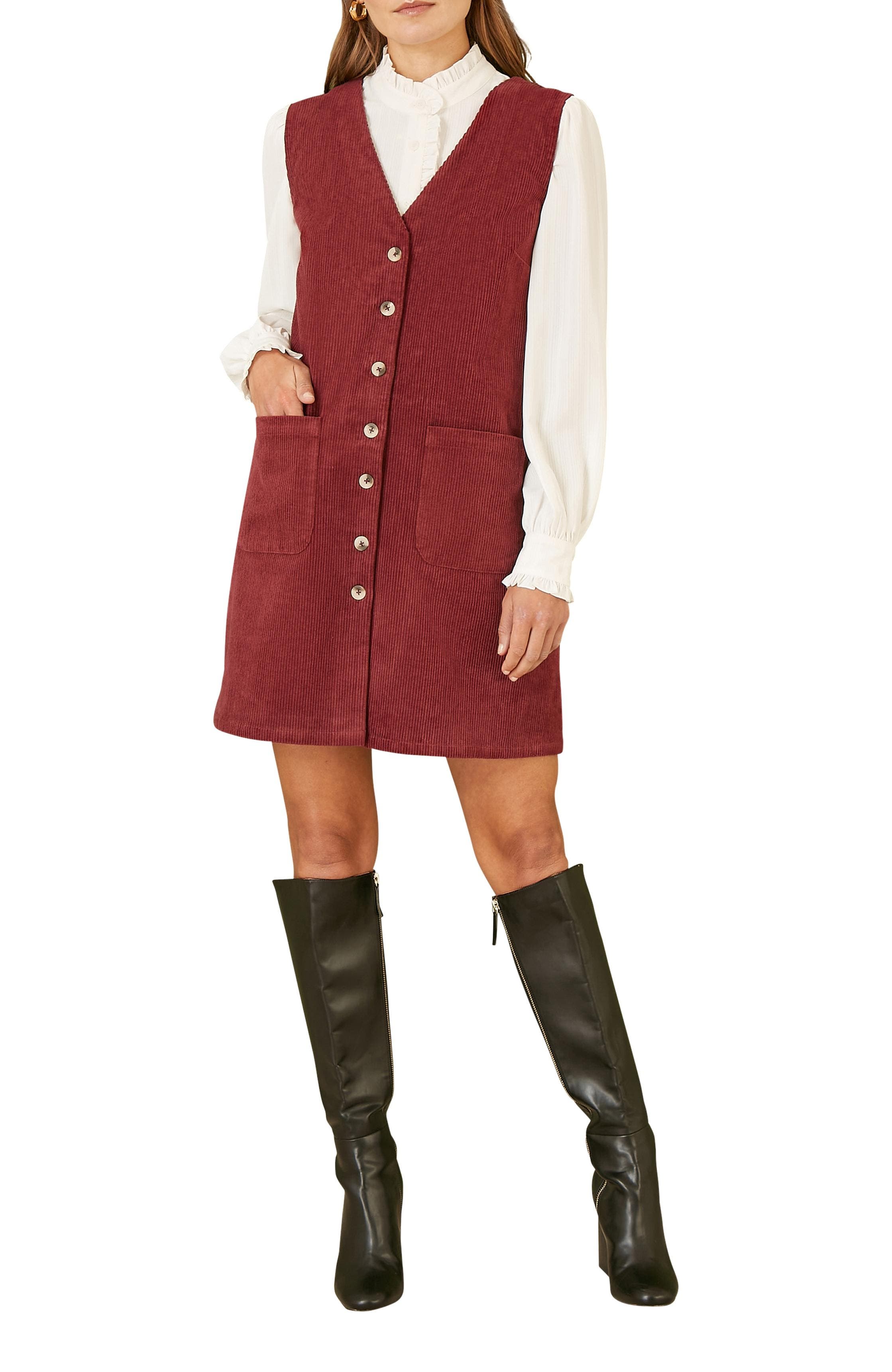 burgundy pinafore dress womens Yumi Cord Button Through With Pockets Corduroy pinafore