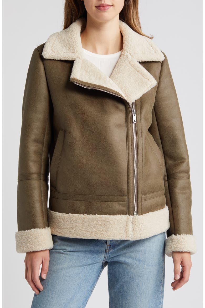 Faux Leather & Faux Shearling Moto Jacket, Main, color, IVORY/SAGE