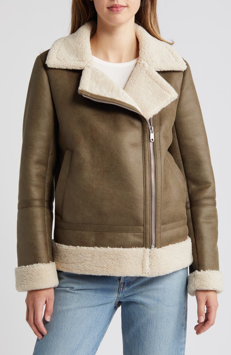 Sam Edelman Faux Leather & Faux Shearling Moto Jacket, Main, color, Ivory/Sage