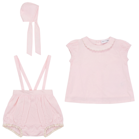 Baby Girl Top and Overall Short Set with Bonnet