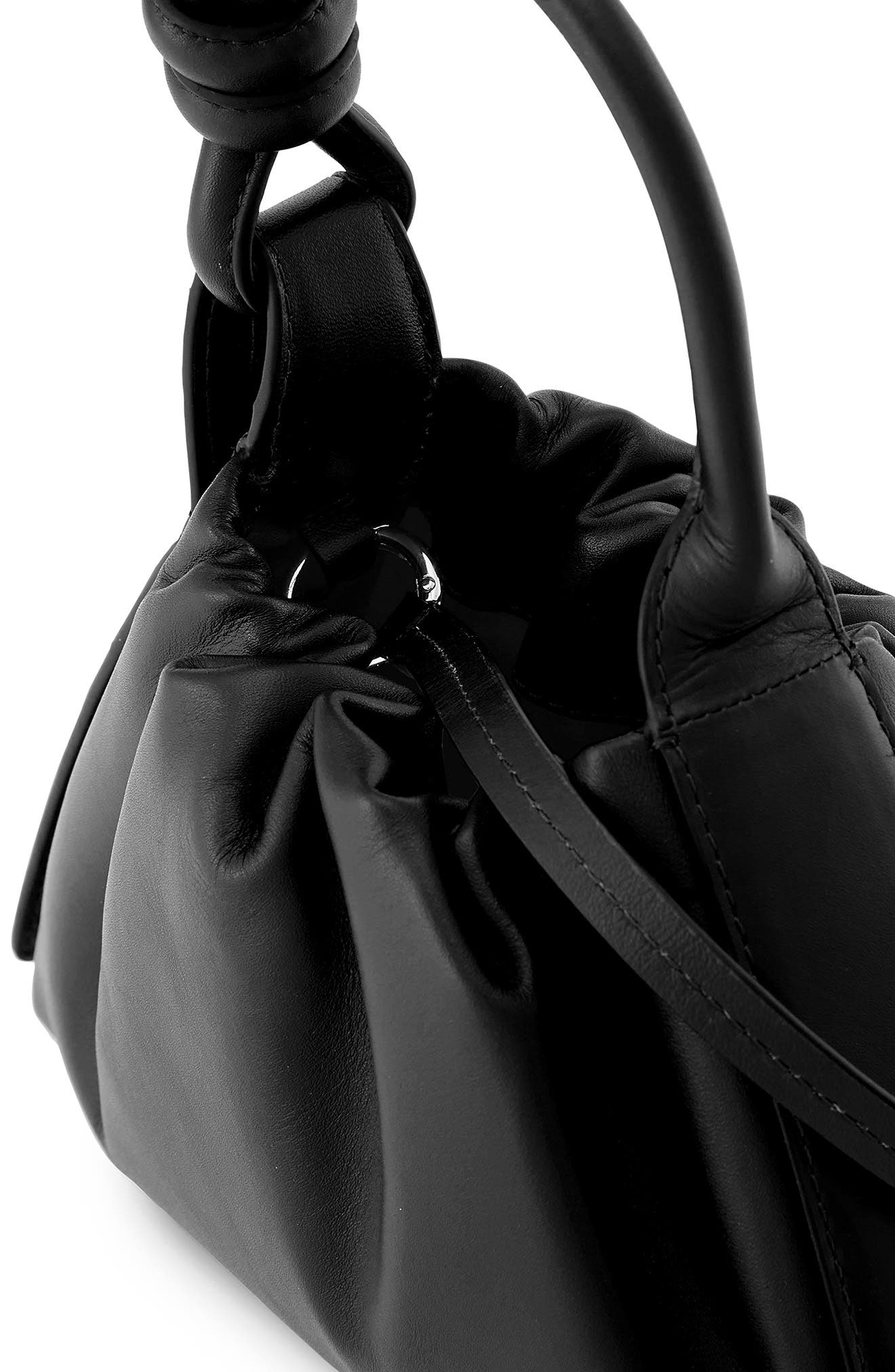 behno Mini Tina Ruched Metallic Leather Baguette Top Handle Bag, Alternate, color, Black