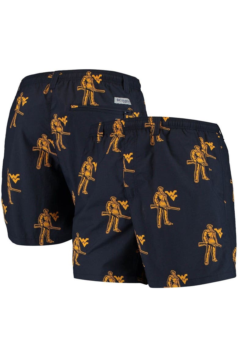 Men's Columbia Navy West Virginia Mountaineers PFG Backcast II Omni-Shade Hybrid Shorts, Main, color, Navy