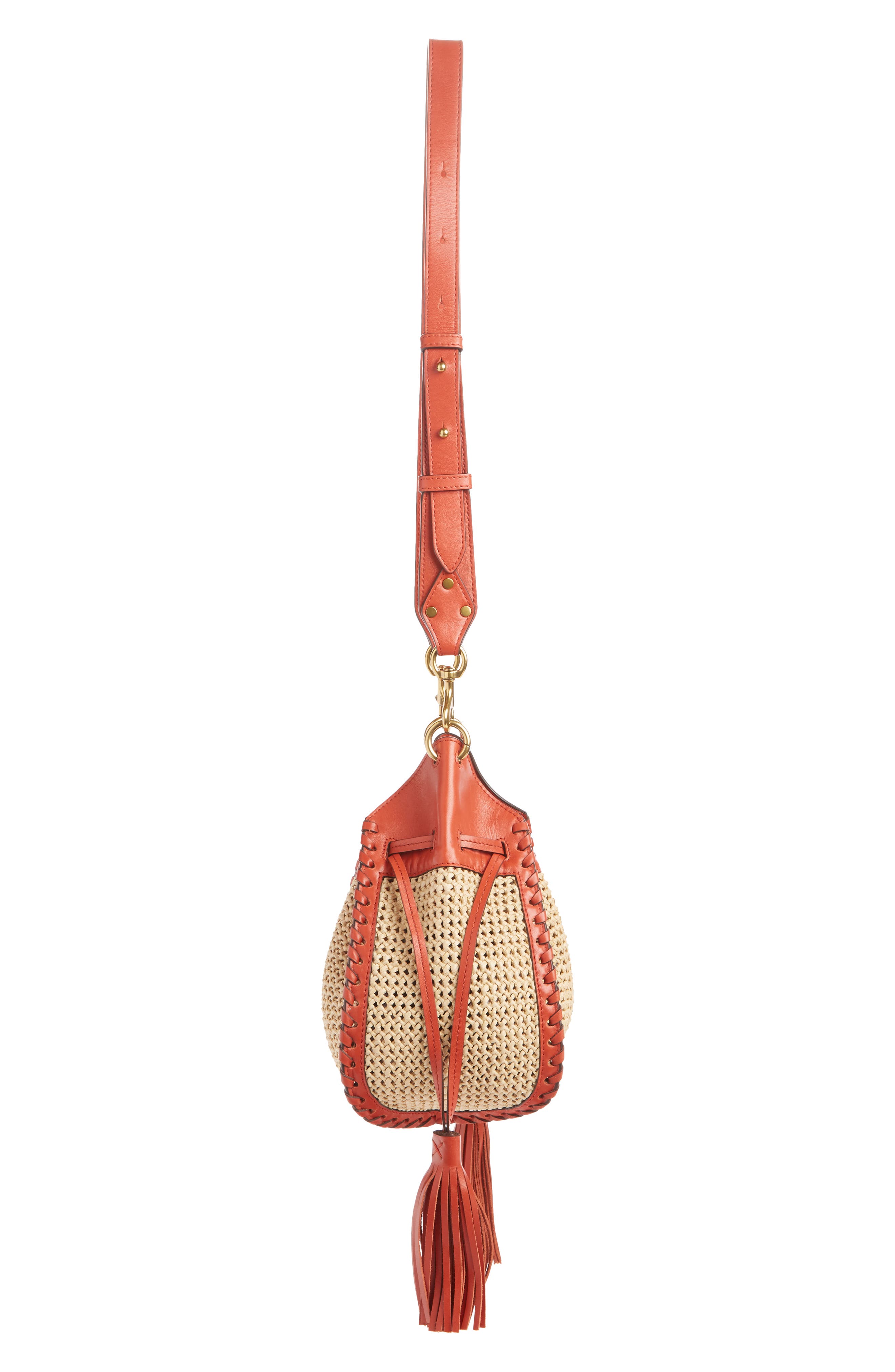 Isabel Marant Radja Tassel Woven Raffia & Leather Bucket Bag, Alternate, color, 