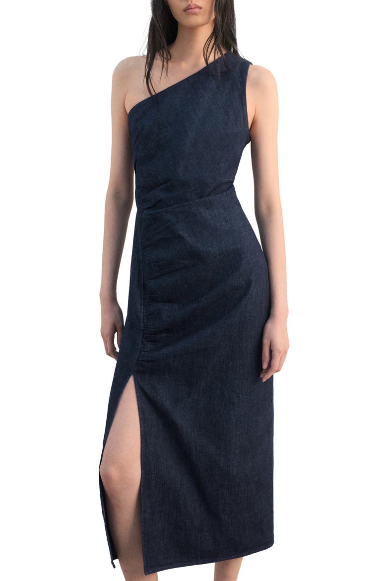 Asymmetric Nonstretch Denim Midi Dress, Main, color, OPEN BLUE