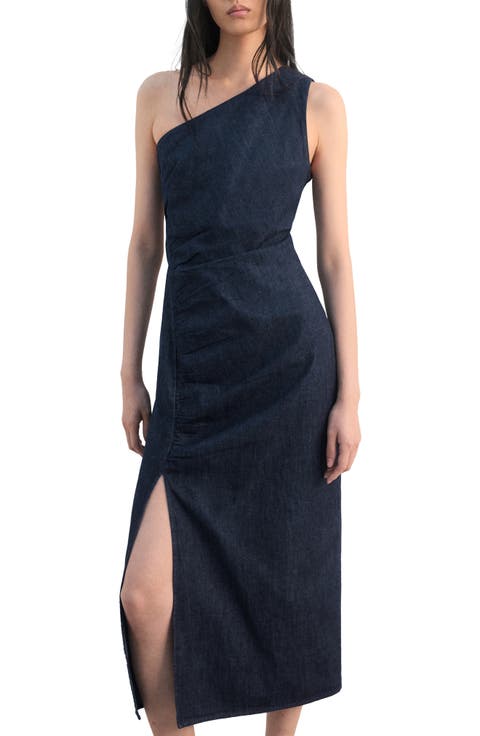 Asymmetric Nonstretch Denim Midi Dress