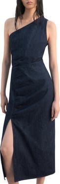 MANGO Asymmetric Nonstretch Denim Midi Dress