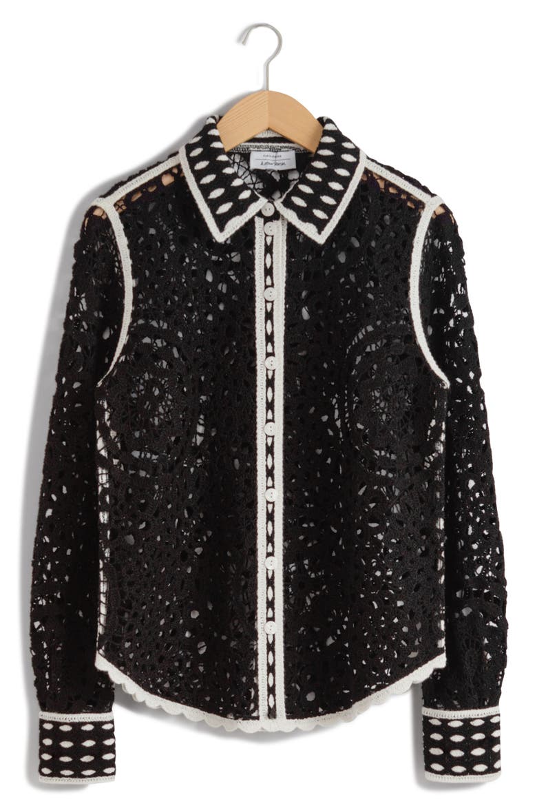 Wool & Cotton Lace Button-Up Shirt, Alternate, color, BLACK DARK