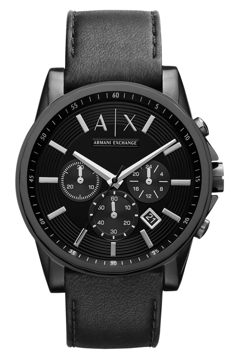 Chronograph Leather Strap Watch, Main, color, BLACK