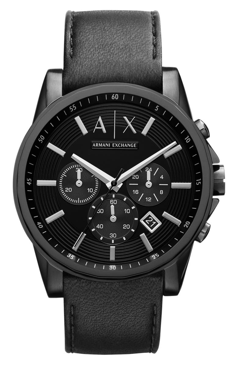AX Armani Exchange Chronograph Leather Strap Watch, Main, color, Black
