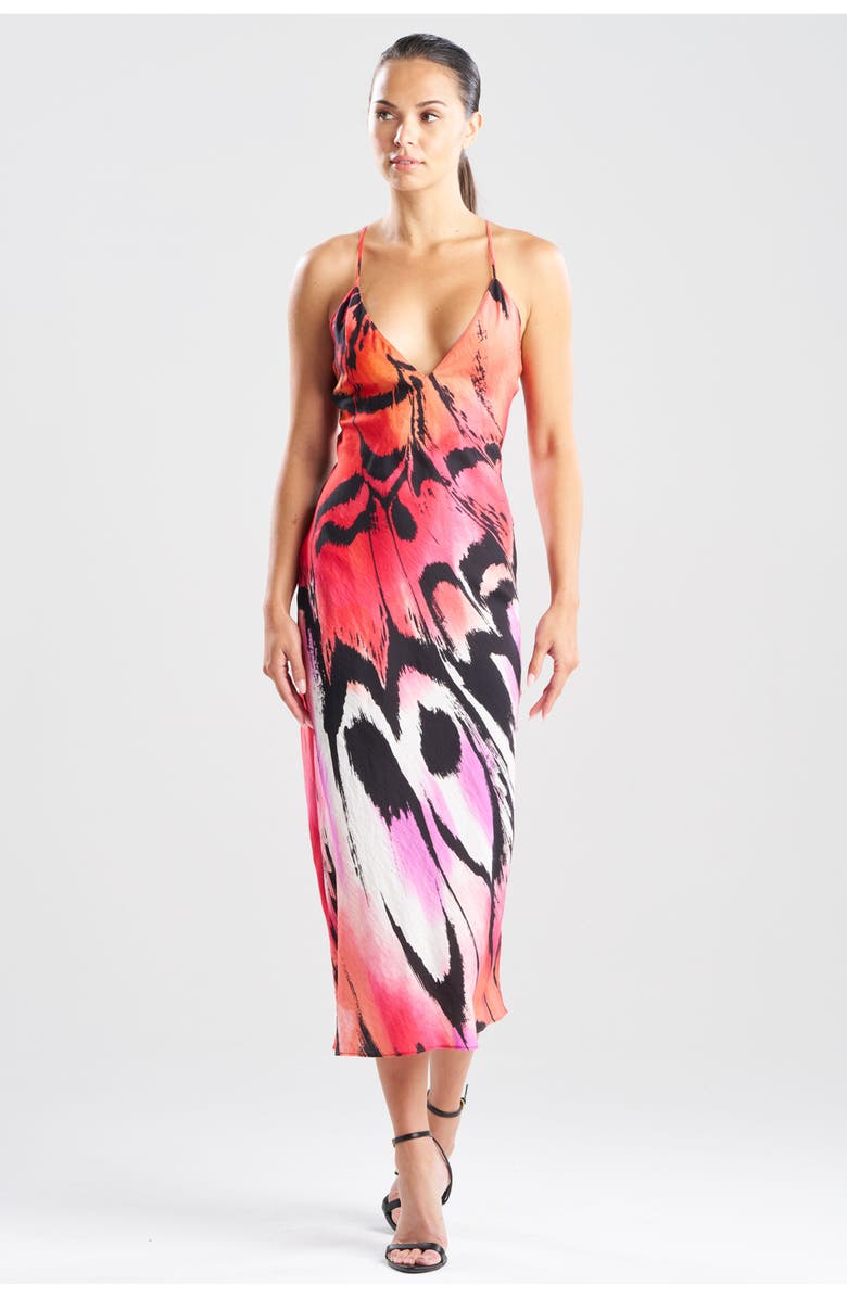 Natori Butterfly Linen Blend Open Back Slip Dress, Main, color, Red