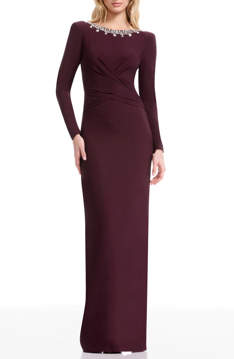 Dress the Population Anne Embellished Long Sleeve Column Gown, Main, color, Dark Cherry