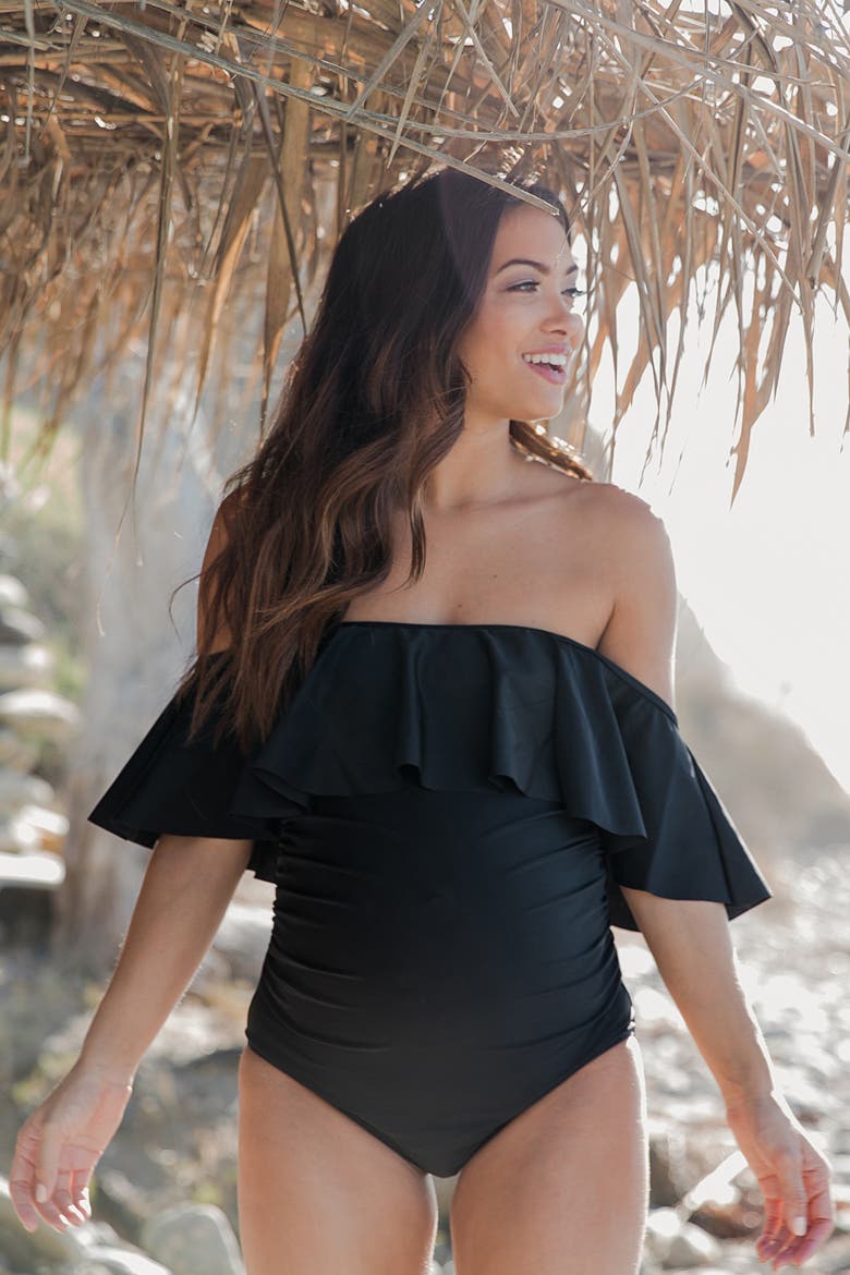 Ruffle Trim Ruched One-Piece Maternity Swimsuit, Main, color, Black