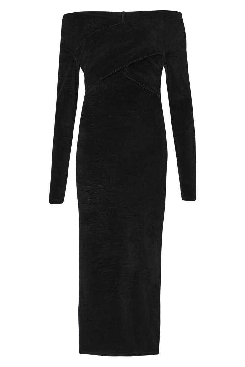 Delta Off the Shoulder Long Sleeve Velvet Midi Dress, Alternate, color, BLACK