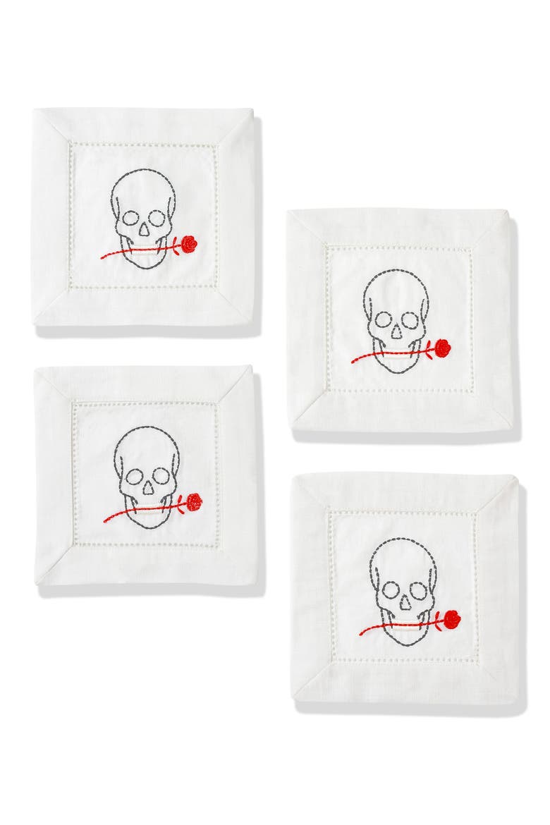 'Til Death Do Us Part Embroidered Linen Cocktail Napkins, Main, color, BLACK/ RED