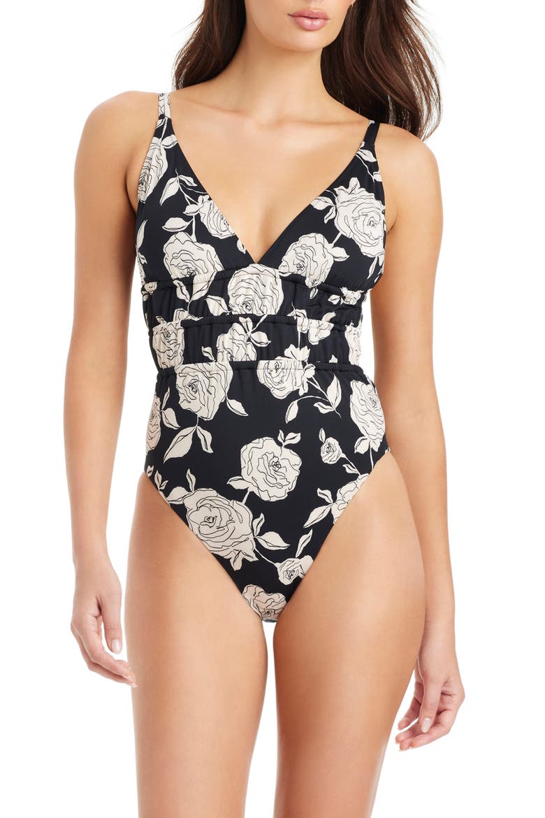Floral Print One-Piece Swimsuit, Alternate, color, BLACK